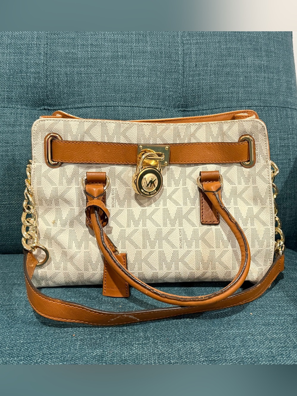 Michael Kors Beige/ Cedar Logo Satchel with Gold Hardware